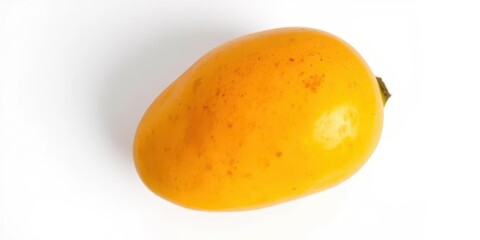 A single ripe mango, vibrant yellow-orange skin, isolated on pure white, macro, orange