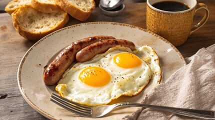 Fried eggs with sausages on a plate, accompanied by toast and a cup of coffee on a rustic wooden table. Warm tones. Concept of breakfast meal. Ai generative