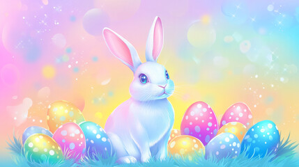 Obraz premium Easter banner and poster template with Easter eggs and a rabbit in a metallic holographic gradient style.Easter Day greetings and gifts.Easter shopping and promotion template 