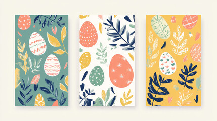 Happy Easter set of covers with a bunny, eggs, hand-drawn plants, and typography. flat vector templates with colour. trendy holiday designs, posters, greeting cards, and banners. Patterned design 