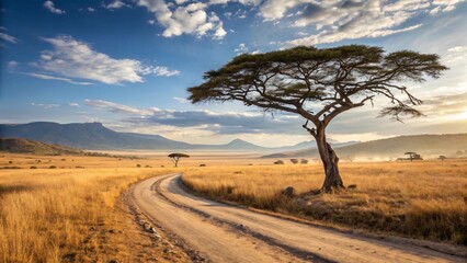 Obraz premium Stunning African Savanna with Lone Acacia Tree and Golden Grasslands at Sunset