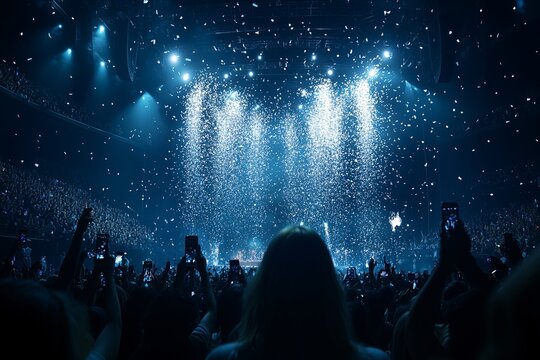 Exciting concert scene with a cheering crowd, bright stage lights, and magical confetti falling. A breathtaking live music experience full of energy, celebration, and unforgettable moments