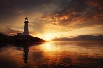 Fototapeta premium Bright sunset illuminates lighthouse beside calm waters in serene coastal landscape