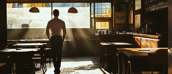 Professional Restaurant Owner Standing in His Empty Restaurant Interior