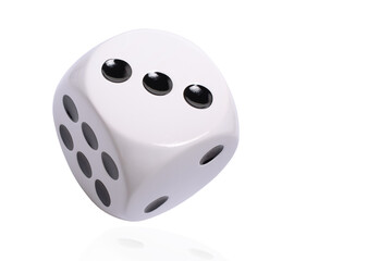 Isolated large white die or dice with black dots on white background, template of a die or dice, gambling addiction or table game concept, copy space