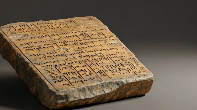 Ancient inscription stone displaying intricate carvings from a historical civilization in a museum setting