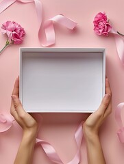 Woman's hands holding open white box with empty inside, top view, carnation flowers on soft pink background