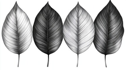 Abstract grayscale leaves, botanical design, seamless pattern, digital art, decorative element, stock photo, minimalist aesthetic