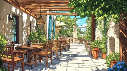 Fototapeta premium Outdoor cafe patio under pergola, sunny day, relaxing atmosphere, stock photo