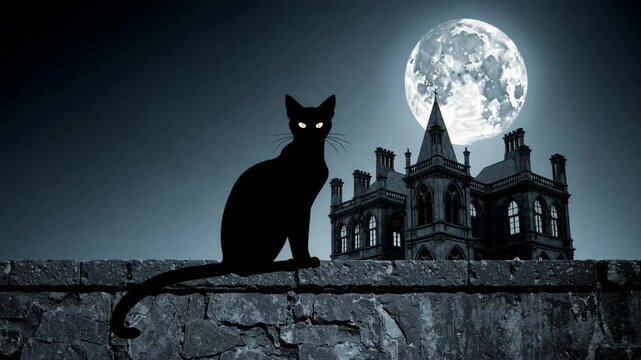 Black cat silhouette perching on stone wall, casting ominous shadow against haunting moonlit backdrop of gothic mansion under full moon's eerie glow