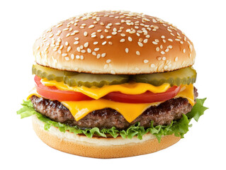 A delicious gourmet cheeseburger with fresh ingredients, juicy beef patty, melted cheese, sesame bun, isolated on a white background