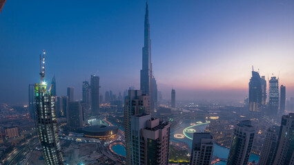 Naklejka premium Foggy morning in downtown of Dubai night to day timelapse.