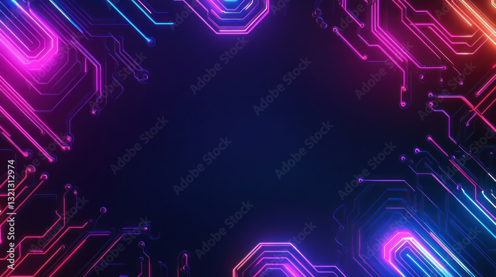 Poster texture with a bright neon circuit pattern, with empty space in the center for text or graphics. bac