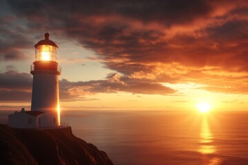 Lighthouse stands tall against a stunning sunset over calm ocean waters near the coast