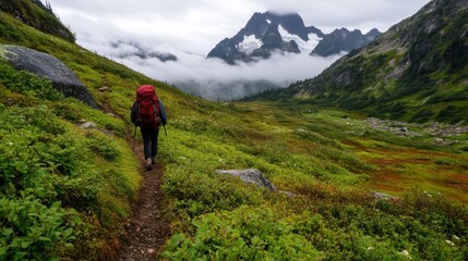 Obraz premium Hiker with red backpack walking on mountain trail in misty landscape.
