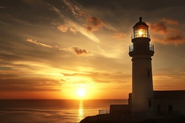 Majestic lighthouse illuminating the coastline at sunset over the ocean horizon