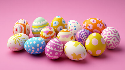 Fototapeta premium An isolated set of 3D Easter templates featuring painted eggs on a pink backdrop.