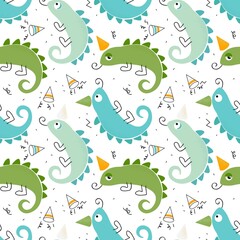 Seamless Pattern Cartoon Reptile Doodle Chameleon Lizard Party Confetti for Kids. Playtime Colorful Pet Reptile Illustration Repeat Pattern fabric paper motif. 