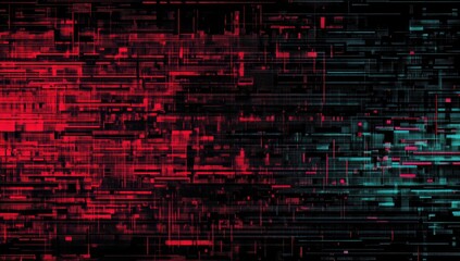 Abstract digital glitch art, vibrant red and teal colors, layered overlapping lines and blocks