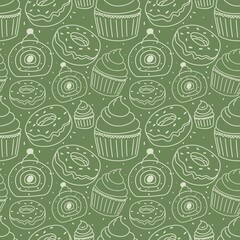 Seamless Pattern of Hand-Drawn Cupcakes and Donuts on Green Background