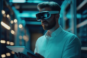 Engineer wearing virtual reality headset and using tablet in modern server room
