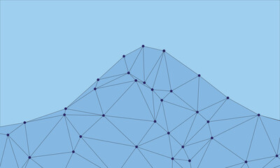 A polygonal blue mountain looms, its sharp contours defined by abstract connecting dots and lines, forming a modern, digital landscape of innovation.