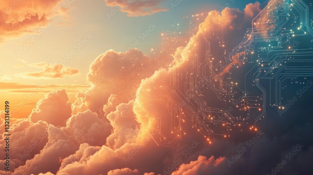 Wall mural sunset sky with subtle glowing circuits blending smoothly with the clouds background wallpaper ai ge