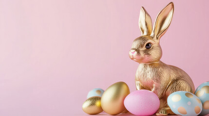 Cheers to Easter! A festive backdrop including vibrant eggs and a lovely gold rabbit. Eggs and an Easter rabbit on a pink background 