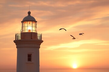Lighthouse illuminated during sunset with birds flying in a colorful sky