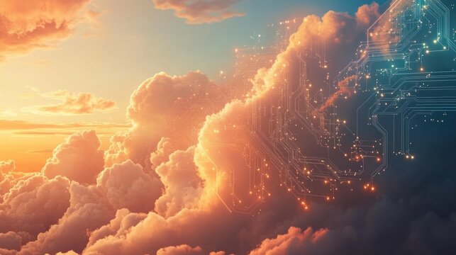 Sunset sky with subtle glowing circuits blending smoothly with the clouds background wallpaper AI generated image
