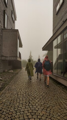 Obraz premium Hikers walking in raincoats at strbske pleso, high tatras, slovakia