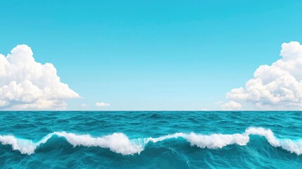 Obraz premium Aerial landscape abstract background idea. Vibrant ocean waves under a clear blue sky with fluffy clouds, evoking tranquility and peace.