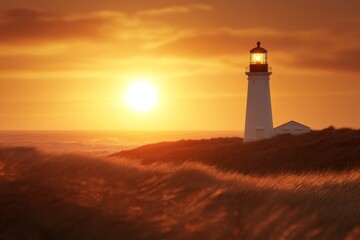 Sunset over a coastal lighthouse amidst golden grasses illuminating the evening sky
