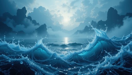 Majestic Ocean Waves Crashing Against Dark Silhouetted Rocks