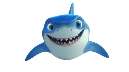 blue cartoon shark swimming joyfully and smile isolated on white background