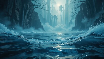 Fototapeta premium A Submerged View Of A Mysterious City In A Dark Ocean