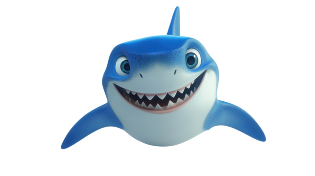 blue cartoon shark swimming joyfully and smile isolated on white background