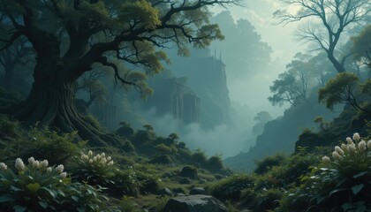 Fototapeta premium Misty Forest Path Leading To A Mountaintop Castle