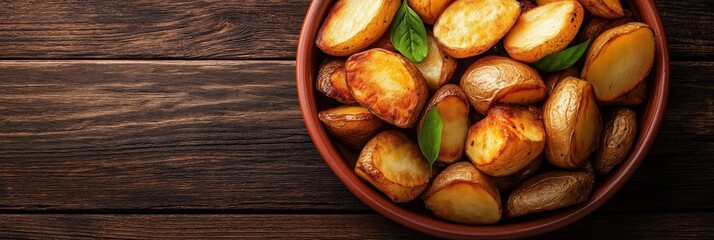 Obraz premium A close-up view of deliciously roasted golden potatoes in a rustic bowl, highlighting their crispy texture and inviting appearance, perfect for serving in a meal.