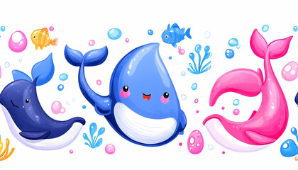 Playful whales swim amidst bubbles and aquatic plants