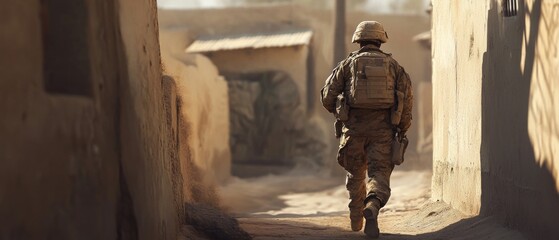 A lone soldier walking down a narrow alleyway