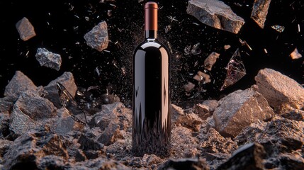 Bottle of wine standing on a pile of rocks. the bottle is black and has a red cap. the rocks are of different sizes and shapes, and some are scattered around the bottle.
