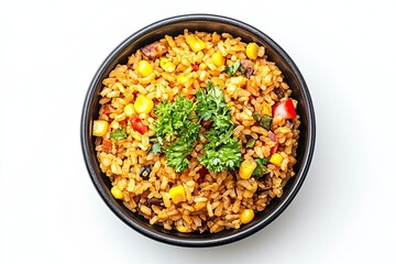Food photography a Corn rice bowls top view isolated on a white