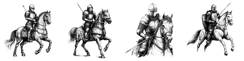 Fototapeta premium Gallant Knights in Shining Armor Charging into Battle on Mighty Warhorses Brave medieval warriors in full armor wielding swords and lances