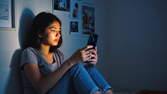 Heartbroken Latin American Woman Crying in Her Bedroom After Cyberbullying