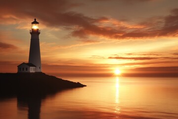 Lighthouse stands tall against a vibrant sunset by the tranquil sea