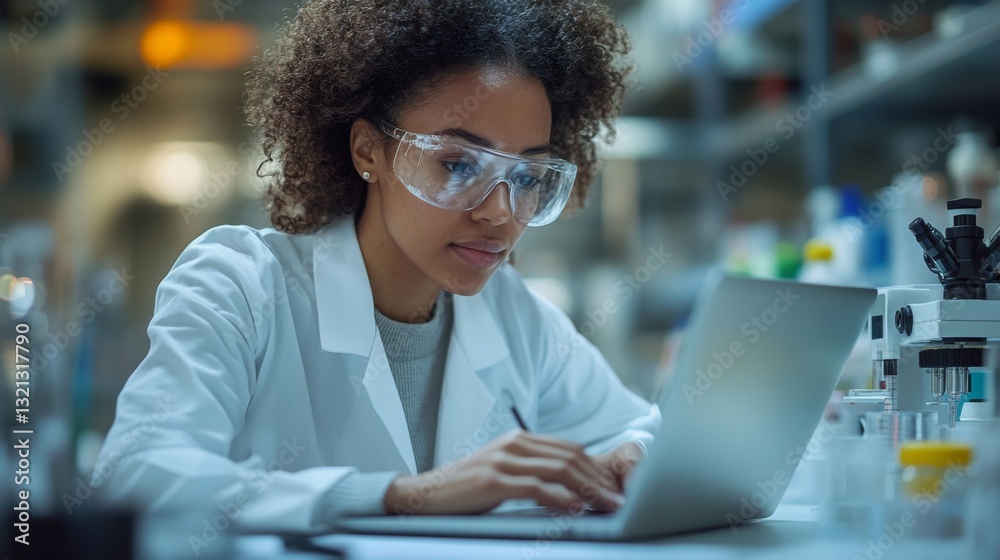 Aufkleber A researcher focuses intently on her laptop, analyzing data related to quantum mechanics concepts such as superposition and entanglement in a modern laboratory setting.