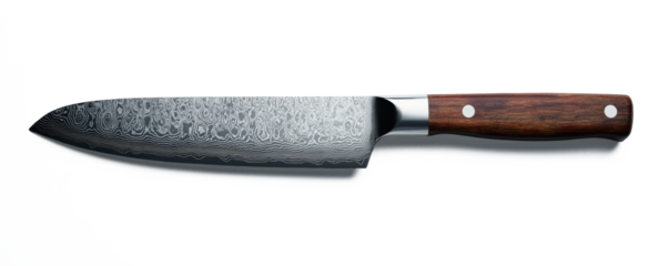 A high-end chef's knife with a Damascus steel blade and wooden handle, ultra-detailed, studio lighting, white background.