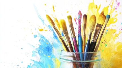 Paintbrushes in jar with colorful paint splatter.