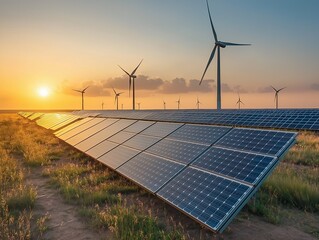 Solar Panels & Wind Turbines in Summer Landscape: Harnessing Renewable Energy at Sunset